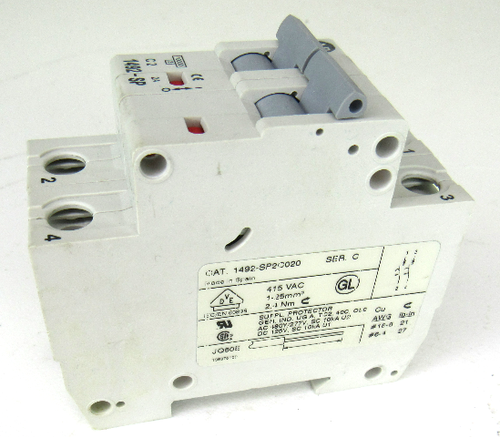 Allen Bradley 1492-SP2C020 Circuit Breaker, 2 Amp, 415V AC, 2-Pole