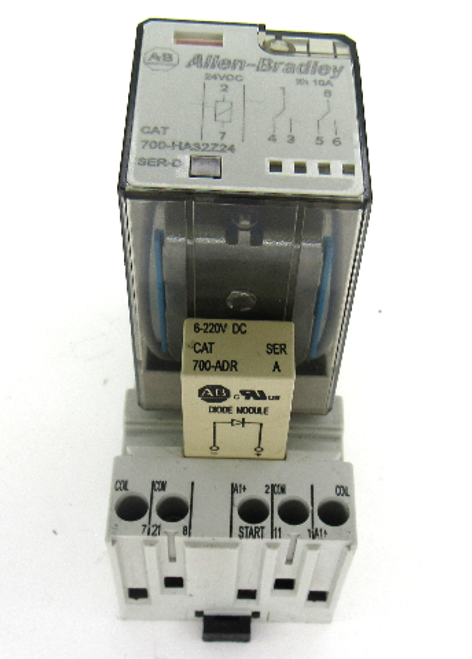 Allen Bradley 700-HAX2Z24 Ser. D General Purpose Relay, 24V DC, 6 Amp w/ 700-HN204 Ser. A Relay Socket