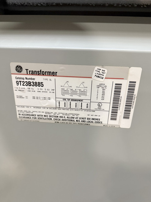 GE 112.5 Kva 3 Phase Transformer 480V x 240V Type 2 QL 9T23B3885