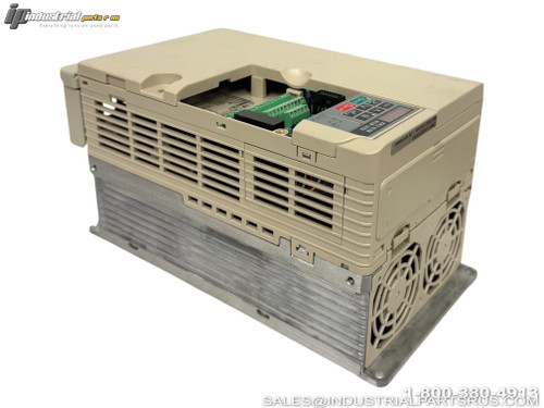 Yaskawa CIMR-VU4A0018FAA Variable Frequency Drive VFD with open cover showing control panel display and cooling fans