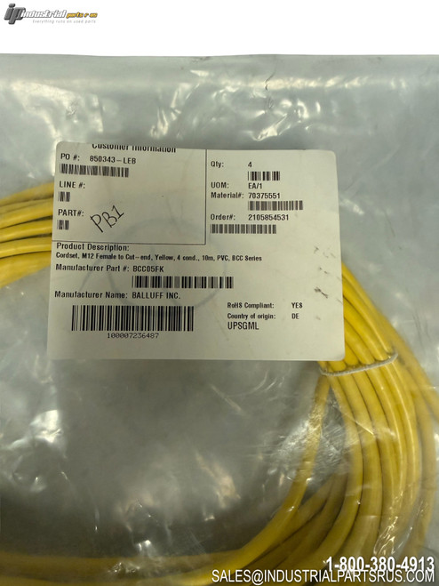 Balluff BCC05FK M12 Female to Cut-end Yellow 4 Conductor 10m PVC Sensor Cable Cordset