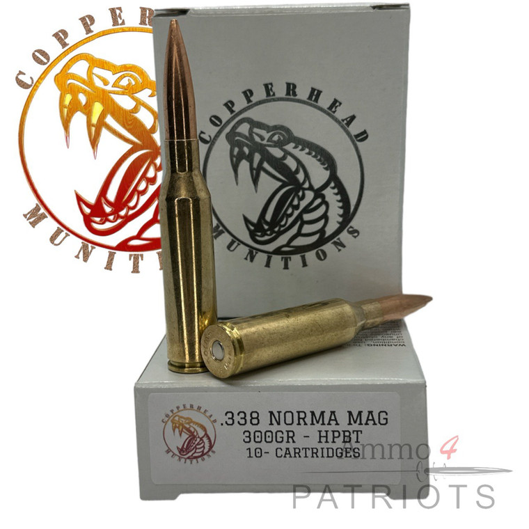 Copperhead, Munitions, Ammunition, .338, Norma, Magnum, 300, Grain, Boat, Tail, Hollow, Point, BT-HP, 40rnds, (New, Brass)