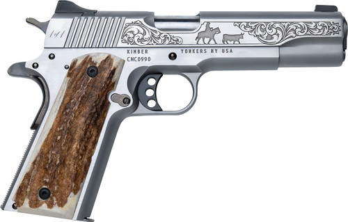 CNC Firearms CNCCATTLEMAN Kimber 1911 .45 ACP 5-Inch Stainless Steel Pistol with Scenic Engraved Slide and Stag Grips