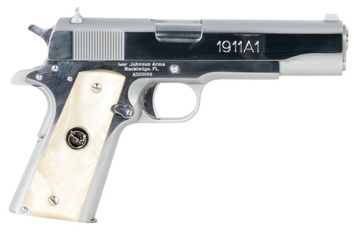 OAKS WHOLESALE DIST/IVER IVER 1911A138CHRWP 38 Super 5-inch Stainless Steel Pistol with Pearl Grips