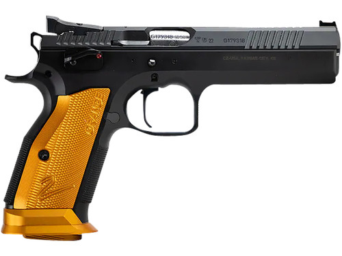 CZ 91266 TS2 9mm Luger Semi-Automatic Pistol with 5.28-inch Barrel and Orange Checkered Aluminum Grips