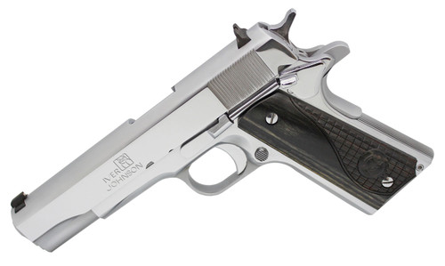Oaks Wholesale Iver Johnson 1911CHRW .45 ACP 5-inch Stainless Steel Pistol with Chrome Finish and Black Diamondwood Grips