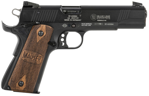 Mauser Rimfire BLS 1911 22 LR Pistol with 5-Inch Barrel, Black Steel Slide and Walnut Grips