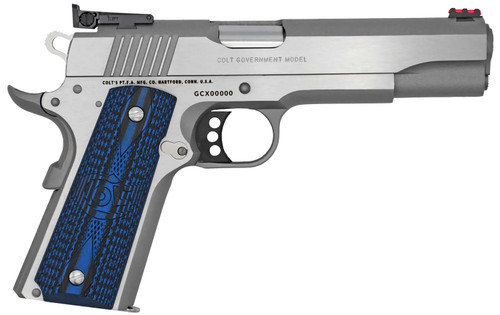 Colt O5073GCL Gold Cup Lite  38 Super 8+1 5" Stainless National Match Barrel, Stainless Steel Serrated Slide, Stainless Steel Frame w/Beavertail, Blue Scalloped G10 Grip, Ambidextrous