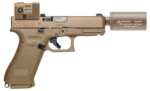 B&amp;T Firearms HUSHPUPPYKITCTCSTM Hush Puppy Kit 9mm Luger 15+1 4" Stainless Threaded Barrel, Coyote Tan Receiver &amp; Textured Grip, Includes Aimpoint Acro P-2 Red Dot, Suppressor &amp; 2 Mags