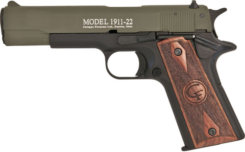 Chiappa Firearms 401121 1911-22 Pistol - .22 LR, 5-inch OD Green Serrated Steel Slide, Beavertail Frame, Black Hogue Rubber Grips