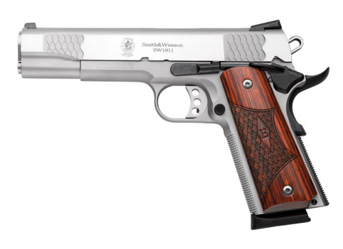 Smith & Wesson SW1911 45 ACP Semi-Auto Pistol with Satin Stainless Steel Finish and Wooden Laminate Grips