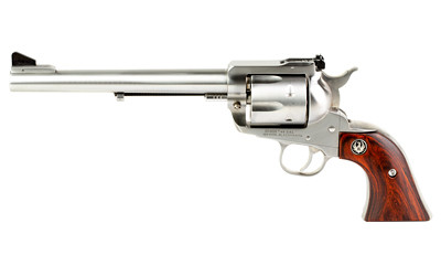 Ruger Blackhawk, Revolver, Single Action Only, 45 Colt, 7.5 Barrel, Stainless Steel Frame, Silver Color, Hardwood Grips, Adjustable Rear & Ramp Front Sights, 6 Rounds 00460