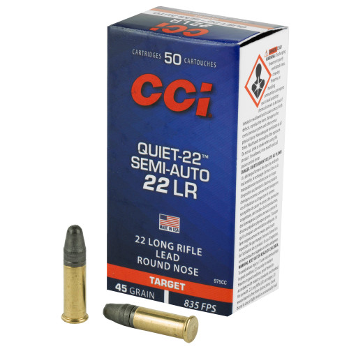 CCI Ammunition Quiet-22 22LR 45 Grain Lead Round Nose - Semi-Auto, 50 Rounds per Box