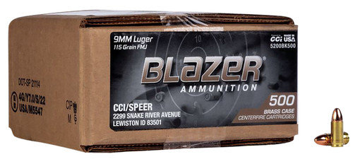 CCI Blazer Brass 5200BK500 9mm Luger Full Metal Jacket Ammo - 115 Grain, 500 Rounds