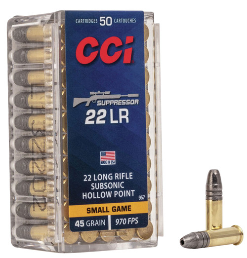 CCI 957 Subsonic HP .22 LR Suppressor-Optimized Hollow Point Ammunition, 45 Grain, 50 Rounds per Box