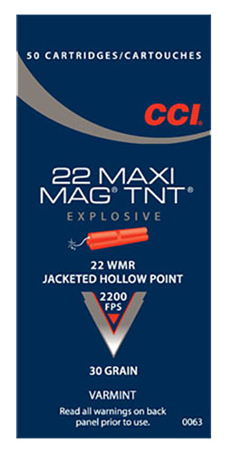 CCI 0063 22 WMR Maxi-Mag TNT Jacketed Hollow Point Ammunition - 30 Grain, 50 Rounds