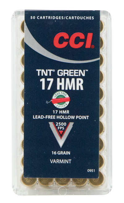 CCI 951 17 HMR Speer TNT Green Hollow Point Ammunition - 16 Grain, Brass Casing, 50 Rounds