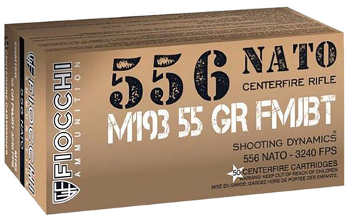 Fiocchi 556M193L 5.56 NATO 55 Grain Full Metal Jacket Boat Tail Ammunition - 50 Rounds per Box, 20 Boxes per Case