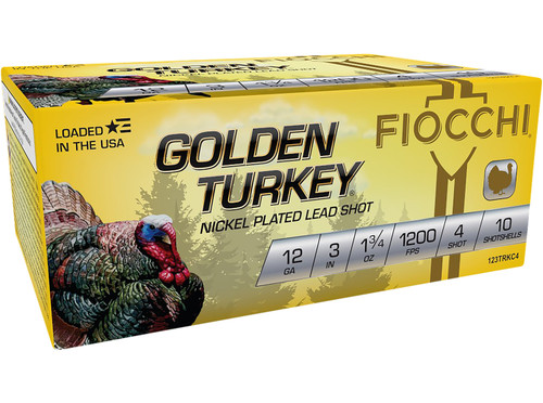 Fiocchi 123TRKC4 Golden Turkey Shotshell 12 Gauge, 3 Inch, 1 3/4 Ounce, Size 4 Shot for Hunting