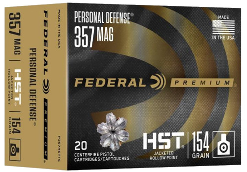 Federal P357HST1S 357 Magnum HST Jacketed Hollow Point Ammunition  154 Grain, Nickel-Plated Brass Casings, 20 Rounds Per Box