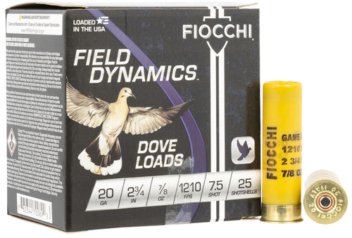 Fiocchi 20 Gauge Field Dynamics 2.75 Inch Shotshell  7/8 oz Lead Shot, 7.5 Size, 1210 fps, 25 Rounds