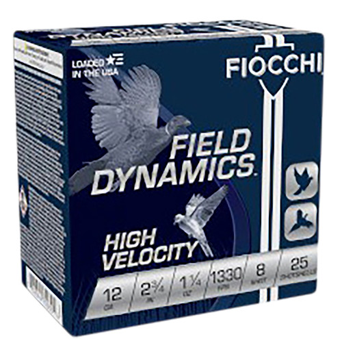 Fiocchi 12HV8 High Velocity 12 Gauge Shotshells – 1 1/4 oz #8 Shot, 2.75" Length, 1330 fps for Hunting and Target Shooting
