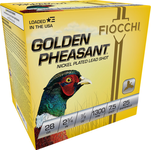 Fiocchi 28 Gauge Golden Pheasant Shotgun Shells - 2.75 Inch, 7/8 Ounce, 7.5 Shot Size, Nickel-Plated Lead for Hunting