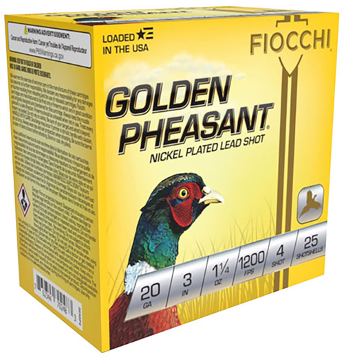 Fiocchi 203GP4 Golden Pheasant 20 Gauge Nickel-Plated Lead Hunting Ammo, 1 1/4 oz Shot Size 4, 1200 fps, 25 Rounds per Box