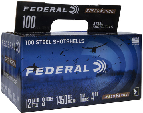 Federal Speed-Shok 12 Gauge 3-Inch Shotgun Shells - 1 1/4 oz #4 Shot, 1450 fps, 100 Rounds