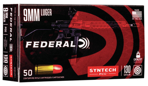 Federal AE9SJPC1 9mm Luger Syntech Total Flat Nose Jacketed Ammunition, 130 Grain, 50 Rounds per Box