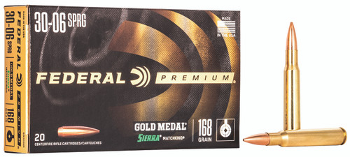 Federal Premium Gold Medal 30-06 Springfield Sierra MatchKing BTHP Ammunition - 168 Grain, 20 Rounds / Box