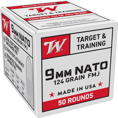 Winchester Ammo W9NATO50 9mm NATO 124 Grain Full Metal Jacket Ammunition - 50 Rounds per Box, 20 Boxes per Case