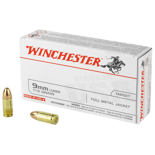 Winchester Ammo SG9W50 9mm Luger Full Metal Jacket 115 Grain Target Practice Ammunition, 50 Rounds per Box