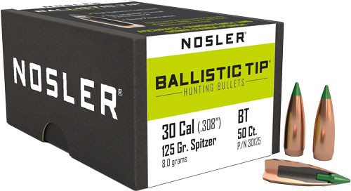 Nosler Bullets .30 Caliber .308 Spitzer Boat Tail Ballistic Tip Hunting Bullets (125 Grain, 50 Rounds per Box)