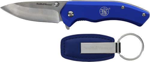 Smith & Wesson S&W Knife Folder with Keychain - 2.75-inch Stainless Steel Blade, Aluminum Handle in Blue