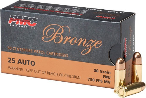 PMC 25 ACP 50GR FMJ-RN Ammunition - Full Metal Jacketed 50 Grain Bullets, Reloadable Brass Casings
