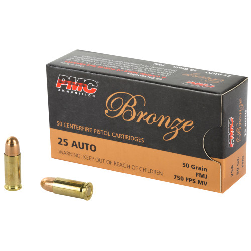 PMC Ammunition Bronze .25 ACP 50 Grain Full Metal Jacket – Bulk Pack of 50 Rounds