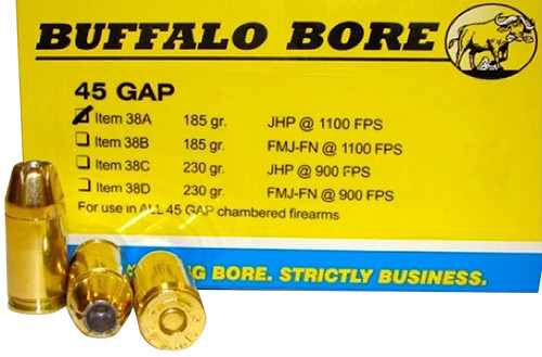 Buffalo Bore Ammunition 38A20 45 GAP 185 Grain Jacketed Hollow Point, 20 Rounds