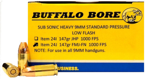 Buffalo Bore Ammunition 24J20 9mm Luger 147 Grain Subsonic FMJ Flat Nose, 20 Rounds