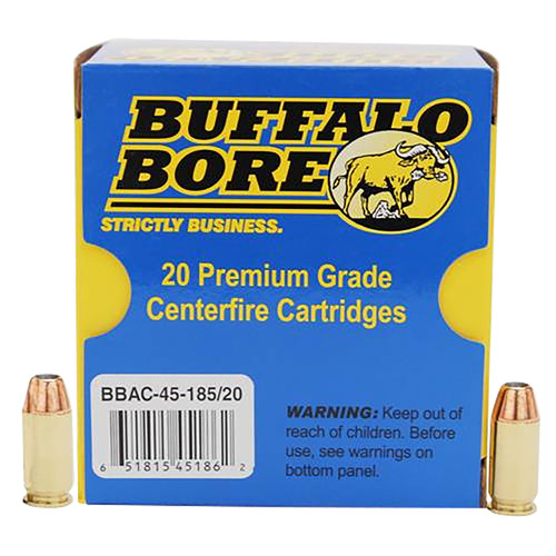 Buffalo Bore Ammunition 4518520 .45 ACP +P 185 Grain JHP Handgun Ammo, 20 Rounds