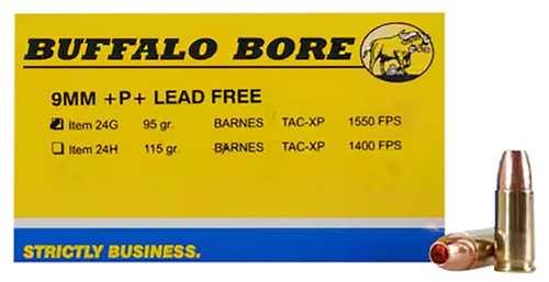 Buffalo Bore Ammunition 24G20 9mm Luger +P+ 95 Grain Barnes TAC-XP Lead-Free Handgun Ammunition