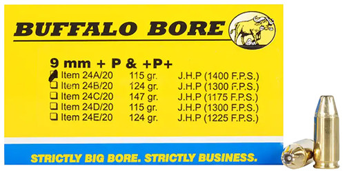 Buffalo Bore Ammunition 24A20 9mm Luger +P+ 115 Grain JHP Centerfire Handgun Ammunition, 20 Rounds