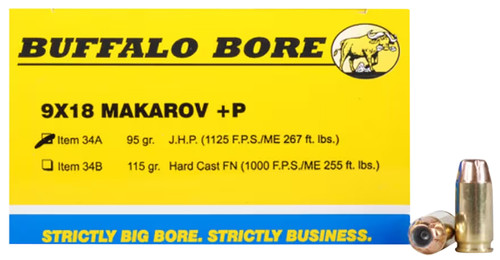 Buffalo Bore Ammunition 34A20 9x18 Makarov +P 95 Grain Jacketed Hollow Point, 20 Rounds