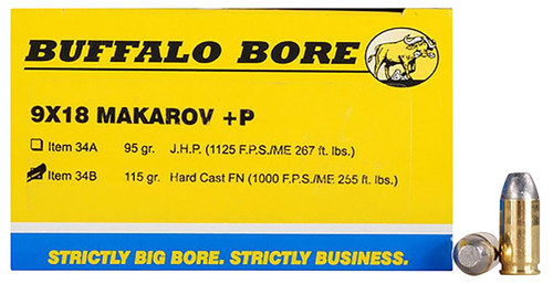 Buffalo Bore Ammunition 34B20 9x18 Makarov +P 115 Grain Hard Cast Flat Nose Handgun Ammunition, 20 Rounds