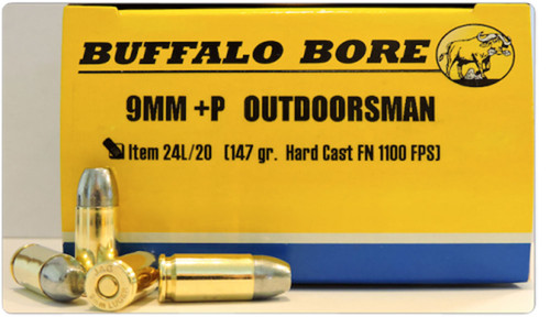 Buffalo Bore Ammunition 24L20 9mm Luger +P 147 Grain Hard Cast Flat Nose, 20 Rounds