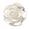 JanKuo™ Jewelry Rhodium Plated Carved Mother of Pearl Flower with Cubic Zirconia Cocktail Ring