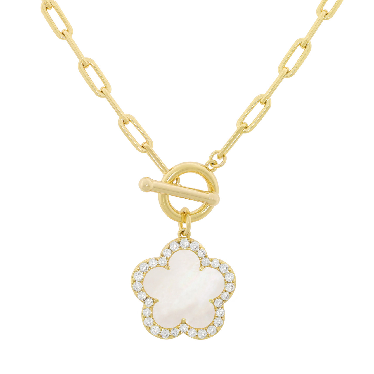 JANKUO Flower 14K Plated Onyx CZ T-Bar Necklace