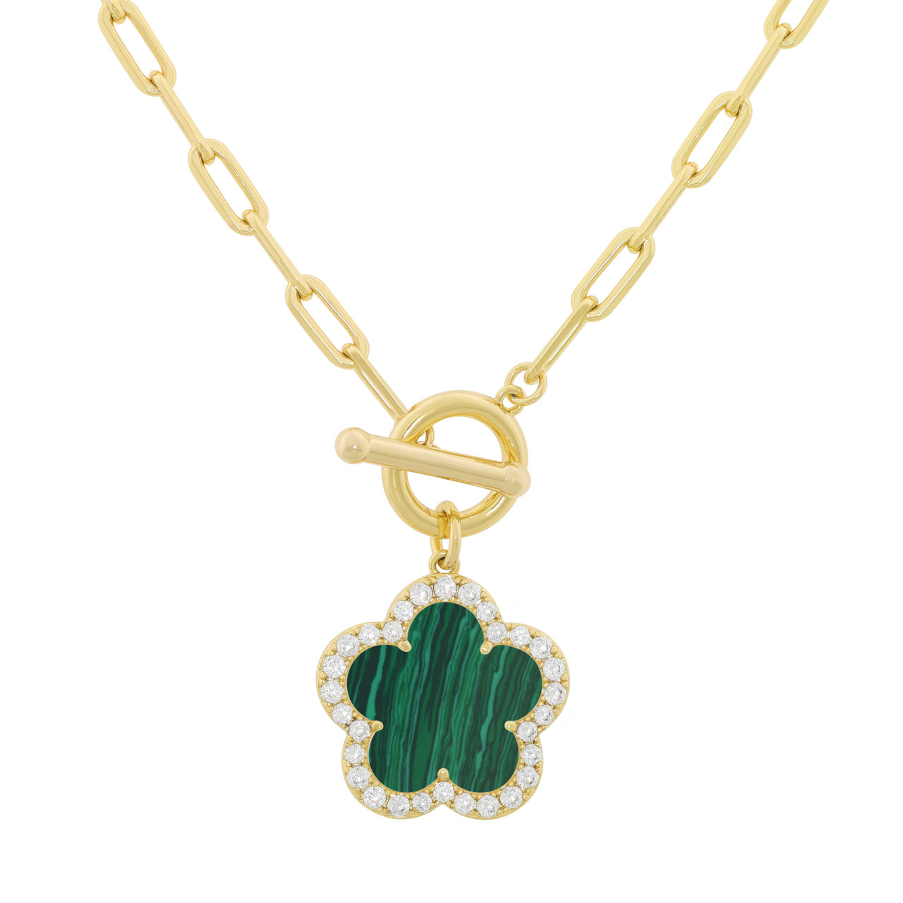 JANKUO Flower 14K Plated Onyx CZ T-Bar Necklace