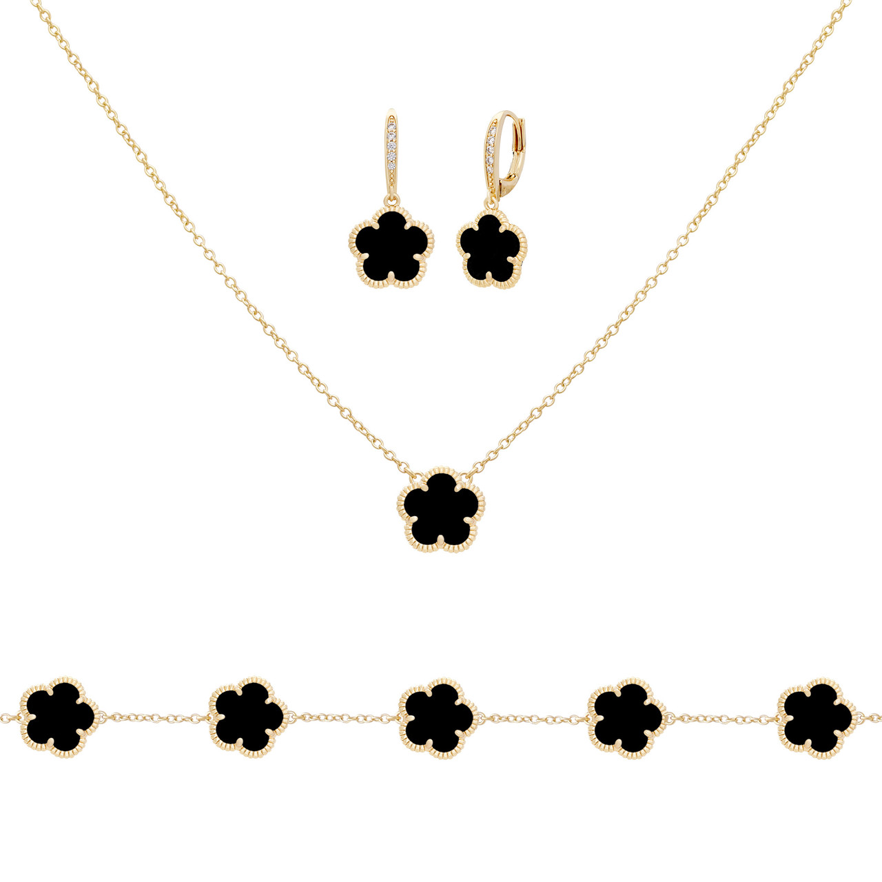 Jankuo 3-Piece 14K Goldplated Brass Onyx Necklace, Earring
