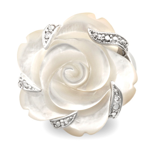 JanKuo™ Jewelry Rhodium Plated Carved Mother of Pearl Flower with Cubic Zirconia Cocktail Ring